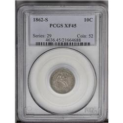 1862-S 10C XF45 PCGS. This nicely detailed piece is bl 1862-S[10C] XF45 PCGS.