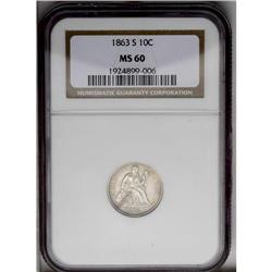 1863-S 10C MS60 NGC. Wisps of light tan and faded elec 1863-S[10C] MS60 NGC.