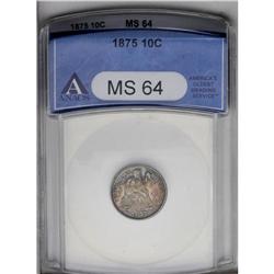 1875 10C MS64 ANACS. Toned in mottled magenta shades w 1875[10C] MS64 ANACS.