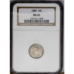 1880 10C MS65 NGC. Sharply detailed under mottled blue 1880[10C] MS65 NGC.