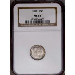 1892 10C MS64 NGC. An exquisitely struck and highly lu 1892[10C] MS64 NGC.
