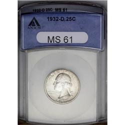 1932-D 25C MS61 ANACS. This satiny and unblemished low 1932-D[25C] MS61 ANACS.