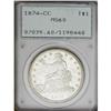 Image 1 : 1874-CC T$1 MS60 PCGS. In a first-generation PCGS hold 1874-CC[T$1] MS60 PCGS.