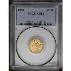 1869 $2 1/2 AU53 PCGS. Honey-gold surfaces exhibit tra 1869[$2 1/2] AU53 PCGS.