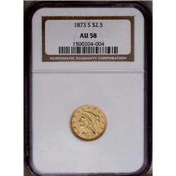 1873-S $2 1/2 AU58 NGC. Luster illuminates the stars a 1873-S[$2 1/2] AU58 NGC.