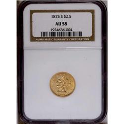 1875-S $2 1/2 AU58 NGC. Slight wear on the eyebrow and 1875-S[$2 1/2] AU58 NGC.