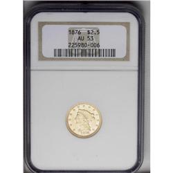 1876 $2 1/2 AU53 NGC. Pleasing light yellow surfaces a 1876[$2 1/2] AU53 NGC.