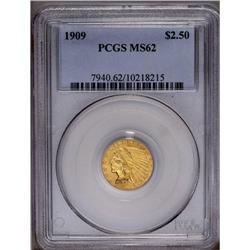 1909 $2 1/2 MS62 PCGS. Well struck with soft, muted lu 1909[$2 1/2] MS62 PCGS.