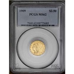 1909 $2 1/2 MS62 PCGS. Honey-gold surfaces exhibit wel 1909[$2 1/2] MS62 PCGS.