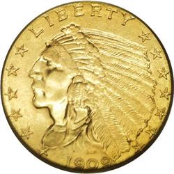 1909 $2 1/2 MS64 PCGS. The 1909 quarter eagle, with a 1909[$2 1/2] MS64 PCGS.