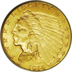 1914-D $2 1/2 MS64 PCGS. Not only is this scarcer Indi 1914-D[$2 1/2] MS64 PCGS.