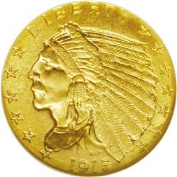 1915 $2 1/2 MS64 NGC. Vivid reddish peach-gold toning 1915[$2 1/2] MS64 NGC.