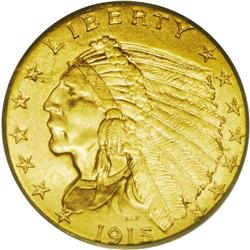 1915 $2 1/2 MS65 PCGS. The 1915 quarter eagle, with a 1915[$2 1/2] MS65 PCGS.