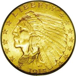 1915 $2 1/2 MS65 PCGS. This boldly impressed Gem displ 1915[$2 1/2] MS65 PCGS.