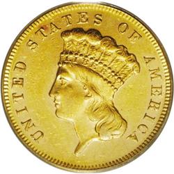 1870 $3 AU58 PCGS. A moderate number of abrasions from 1870[$3] AU58 PCGS.
