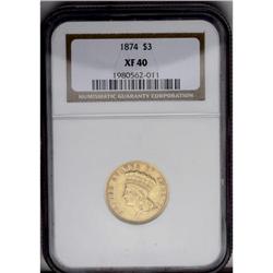 1874 $3 XF40 NGC. An evenly worn example of this commo 1874[$3] XF40 NGC.