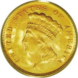 1878 $3 MS63 PCGS. A lustrous apricot-gold type coin w 1878[$3] MS63 PCGS.