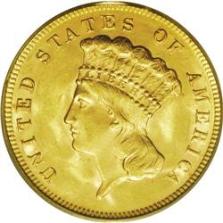 1878 $3 MS63 PCGS. Nicely struck with an appealing sat 1878[$3] MS63 PCGS.