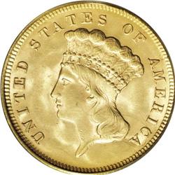 1878 $3 MS64 PCGS. According to David Bowers and Doug 1878[$3] MS64 PCGS.