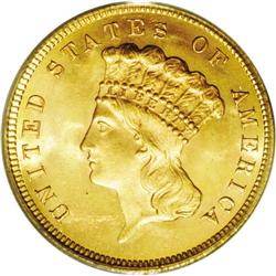 1879 $3 MS65 PCGS. A radiant, reddish-gold Gem with pr 1879[$3] MS65 PCGS.