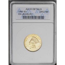 1880 $3 AU55 ANACS.From The Steve Glenn Collection, Pa 1880[$3]--Ex-Jewelry--ANACS. AU55 Details.