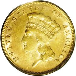 1889 $3 MS61 NGC. This orange-gold representative has 1889[$3] MS61 PCGS.