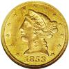 Image 1 : 1853-C $5 MS60 NGC. A common date Charlotte half eagle 1853-C[$5] MS60 NGC.