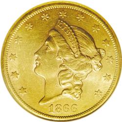 1866-S $20 Motto AU55 NGC. Softly struck on portions o 1866-S[$20] Motto AU55 NGC.