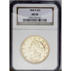 1868-S $20 AU55 NGC. Ample luster is still evident in 1868-S[$20] AU55 NGC.
