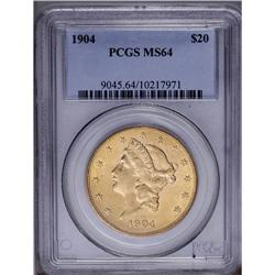 1904 $20 MS64 PCGS. Sharply struck with even honey-gol 1904[$20] MS64 PCGS.