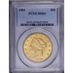 1904 $20 MS64 PCGS. Satiny with lovely lime-green and 1904[$20] MS64 PCGS.
