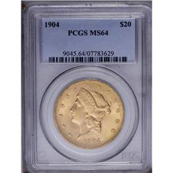 1904 $20 MS64 PCGS. Dynamic luster flows over the surf 1904[$20] MS64 PCGS.