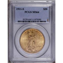 1911-S $20 MS64 PCGS. Well defined with outstanding lu 1911-S[$20] MS64 PCGS.