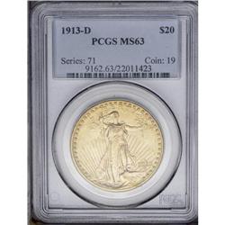 1913-D $20 MS63 PCGS. This pretty honey-gold piece is 1913-D[$20] MS63 PCGS.