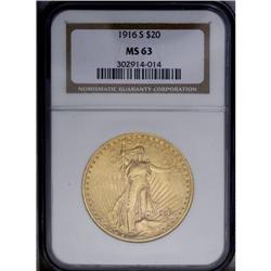 1916-S $20 MS63 NGC. Honey-gold patination is imbued w 1916-S[$20] MS63 NGC.