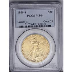 1916-S $20 MS64 PCGS. A delightful near-Gem example of 1916-S[$20] MS64 PCGS.