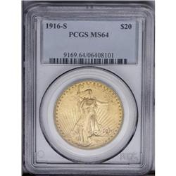 1916-S $20 MS64 PCGS. The soft, frosted mint luster is 1916-S[$20] MS64 PCGS.