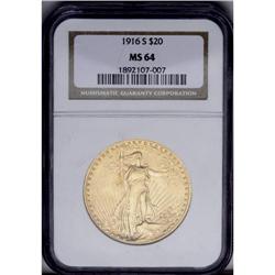 1916-S $20 MS64 NGC. Even, light orange-gold coloratio 1916-S[$20] MS64 NGC.