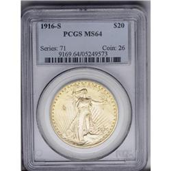 1916-S $20 MS64 PCGS. Struck in honey-gold with attrac 1916-S[$20] MS64 PCGS.