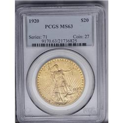 1920 $20 MS63 PCGS. The surfaces are lustrous and copp 1920[$20] MS63 PCGS.