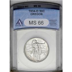 1934-D 50C Oregon MS66 ANACS. Both sides exhibit a thi 1934-D[50C] Oregon MS66 ANACS.