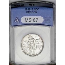 1936-S 50C Oregon MS67 ANACS. Typically bold with silk 1936-S[50C] Oregon MS67 ANACS.