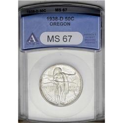 1938-D 50C Oregon MS67 ANACS. An exquisite silver-gray 1938-D[50C] Oregon MS67 ANACS.