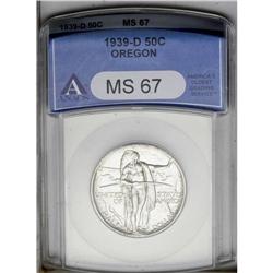 1939-D 50C Oregon MS67 ANACS. A few splashes of milky 1939-D[50C] Oregon MS67 ANACS.