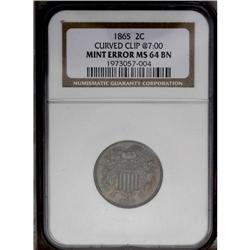 1865 2C --Curved Clip at 7 o''clock--MS64 Brown NGC. Th 1865[2C] Two Cent Piece--Curved Clip at 7 o'