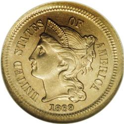 1869 3CN Three Cent Nickel--Broadstruck on Blank--MS62 1869[3CN] Three Cent Nickel--Broadstruck on B