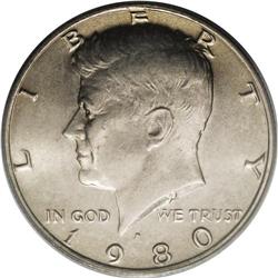 1980-P 50C --Struck on Susan B. Anthony Dollar Stock--M 1980-P[50C] Kennedy Half--Struck on Susan B.