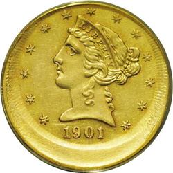 1901/0-S $5 --Struck 10% Off Center--AU55 PCGS. Struck 1901/0-S[$5] Half Eagle--Struck 10% Off Cente