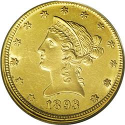 1893-O $10 --Broadstruck Out of Collar--AU58 PCGS. A sp 1893-O[$10] Liberty Eagle--Broadstruck Out o