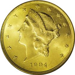 1904 $20 --Double Struck in Collar--MS63 PCGS. This lus 1904[$20] Double Eagle--Double Struck in Col